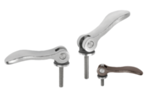 Cam levers, stainless steel, adjustable with external thread, plastic thrust washer and stainless steel stud