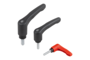 Clamping levers, plastic, with external thread and safety function, threaded pin blue passivated steel